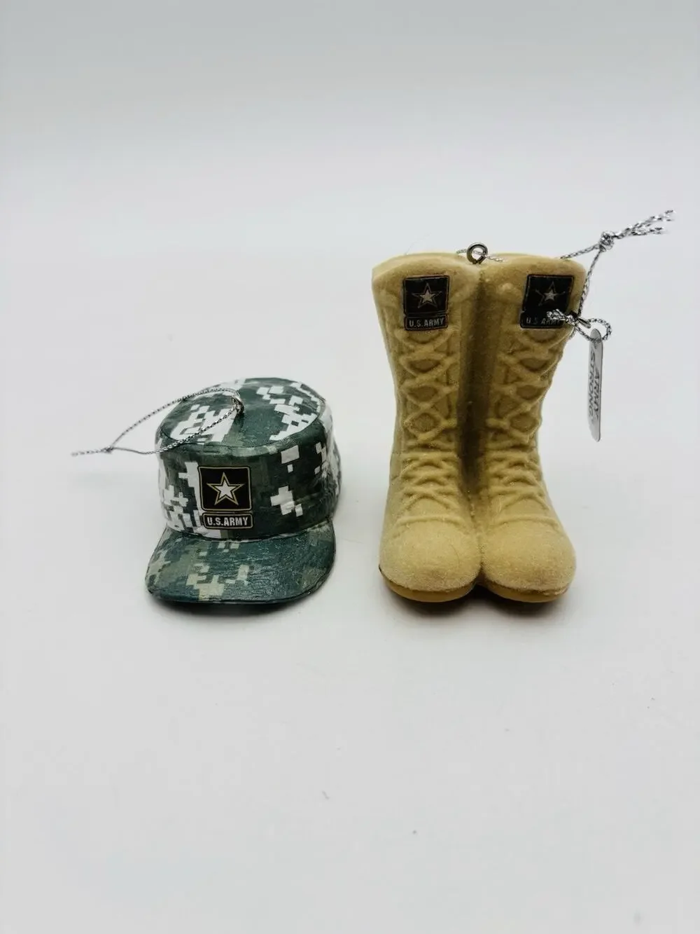 United States Army Christmas Ornament Lot Of 2 Hat And Boots Patriotic VG Cond